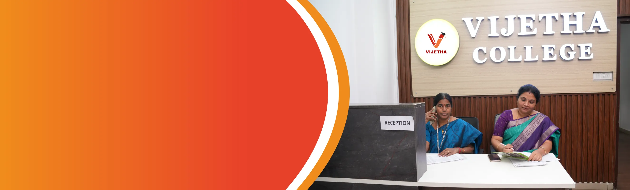 Students and visitors interacting at Vijetha College campus contact desk